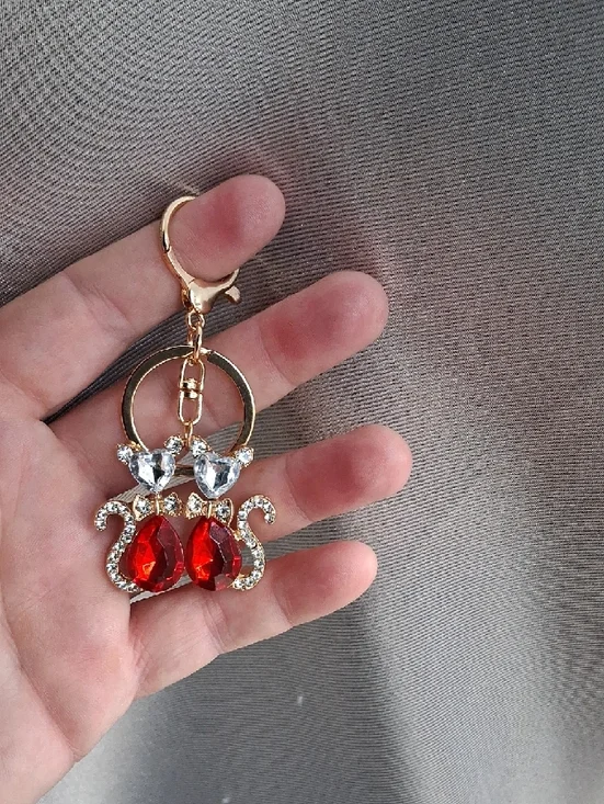 Gold-Tone Keychain with Red and Clear Crystal Cats - Picture 2 of 3